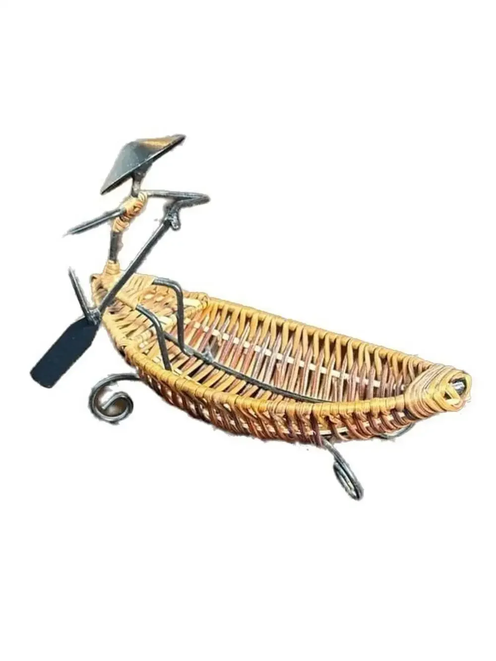 Vintage Asian Style Woven Wicker and Metal Gondola Boat Sculpture Fruit Basket